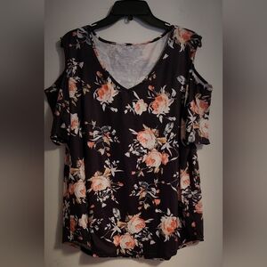 Two Floral Cold Shoulder Top - Black and Pink, BOTH XL!